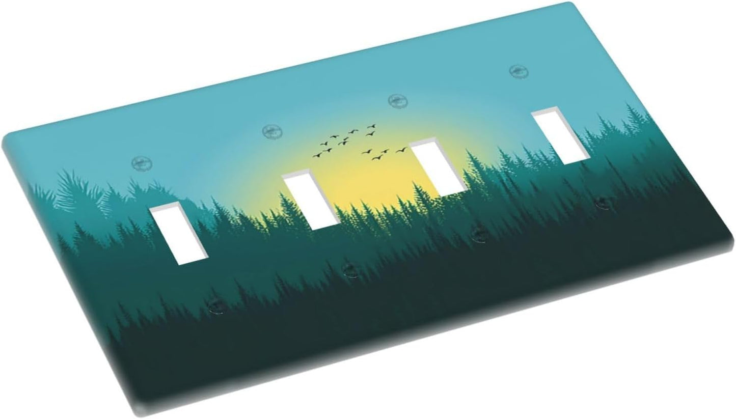 Green Forests And Birds Sun Woodland Light Switch Covers Quad Toggle 4 Gang Wall Plate Decorative Switch Plates Electrical Faceplate for Bedroom Bathroom Decor
