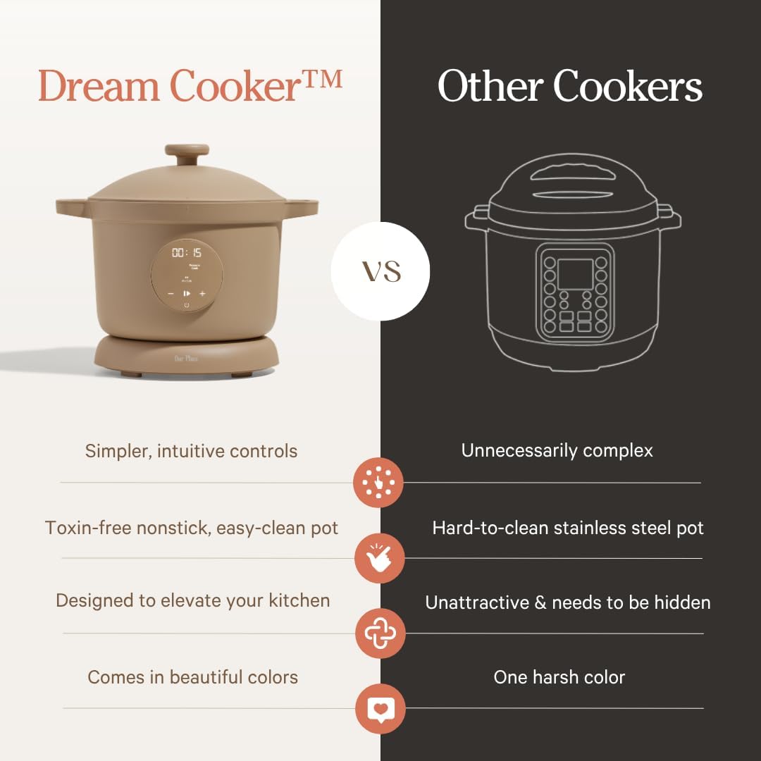 Our Place Dream Cooker | 6 Qt Ceramic Nonstick Multicooker & Pressure Cooker with Touchscreen Controls & Auto Steam Release | 4 Modes: Pressure Cook, Sauté/Sear, Slow Cook & Warm | Steam