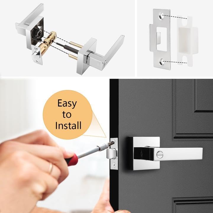 Probrico Heavy Duty Privacy Door Handle Lever with Contemporary Square Design for Home Bedroom or Bathroom in Polished Chrome [Universal Handing] 1 Pack
