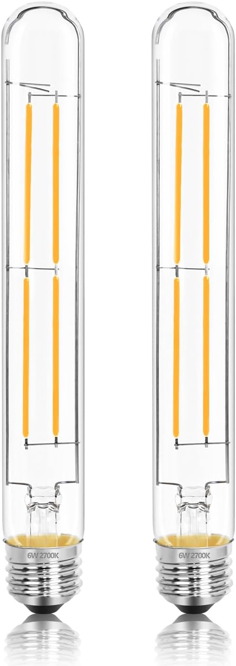 8.9IN LED Light Bulbs E26 Base, 6W 800LM 2700K Soft White T10 T9 Vintage Edison Bulbs Dimmable, AC 120V Equal 80 Watt Clear Glass Long Tubular Filament Bulb, UL Listed - 2Pack