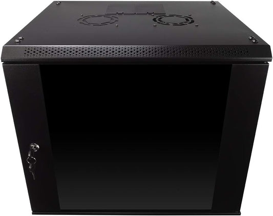 NavePoint 9U Server Rack Enclosure with Glass Door, Cooling Fan, Locks, & Removable Side Panels - 9U Wall Mount Network Cabinet 19 Inch Rack 17.7 Inches Deep