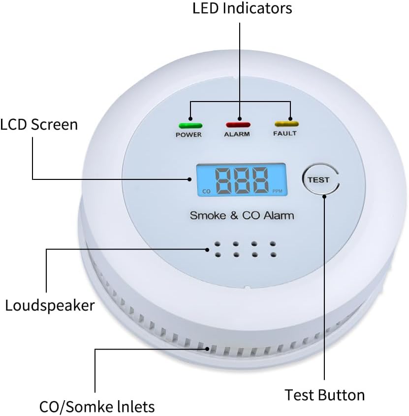 2 in1 Smoke Detector Carbon Monoxide Detector Combo,with LCD Digital Display and Sound Warning Test Button，Battery Powered，Easy Installation, for Home, Bedroom, Kitchen (3PACKS)