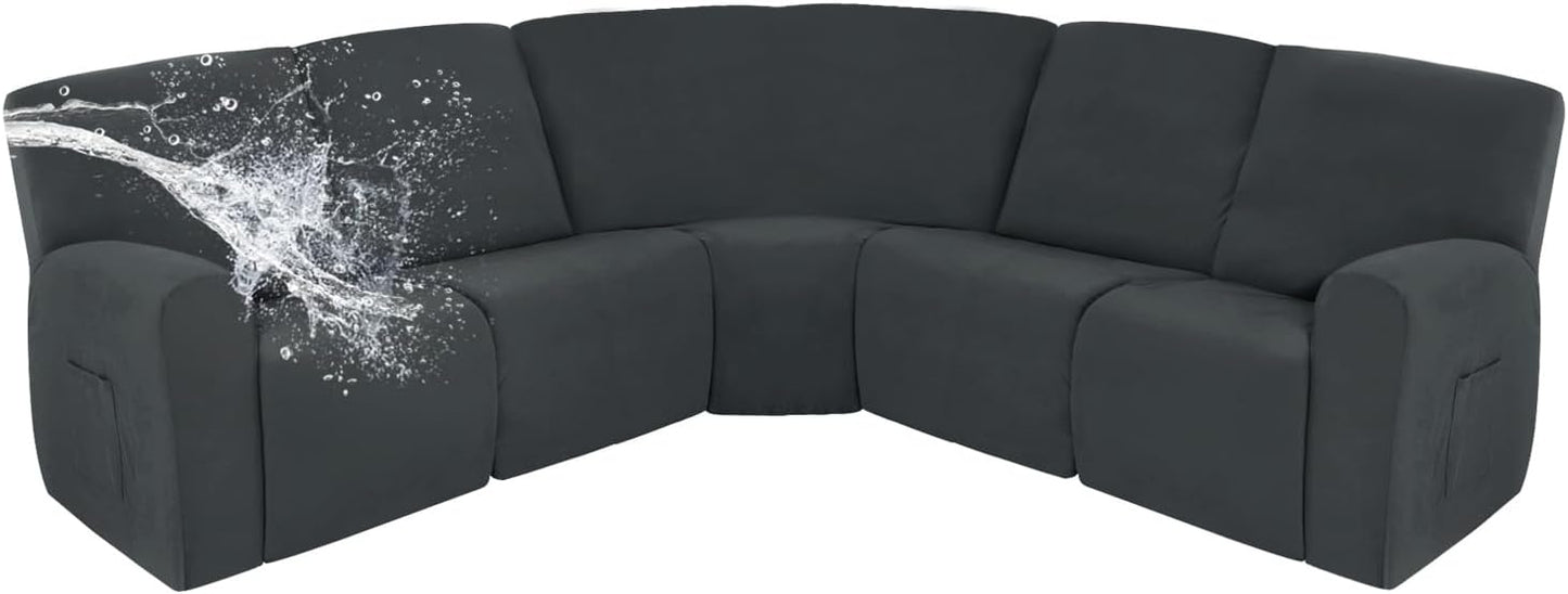 Easy-Going 100% Waterproof Recliner Cover, Stretch Couch Covers for Reclining Couches, Extra Large Sectional Sofa Slipcover, L-Shape Furniture Protector for Kids & Pets, 5 Seater, Dark Gray