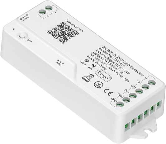 BTF-LIGHTING 2.4G WiFi DR04W SPI RGBW Controller Tuya APP/Smart Life/Google Home/Alexa Control Support SK6812RGBW SMD/FCOB WS2814 IC etc Addressable RGB+W LED Strip STA Mode
