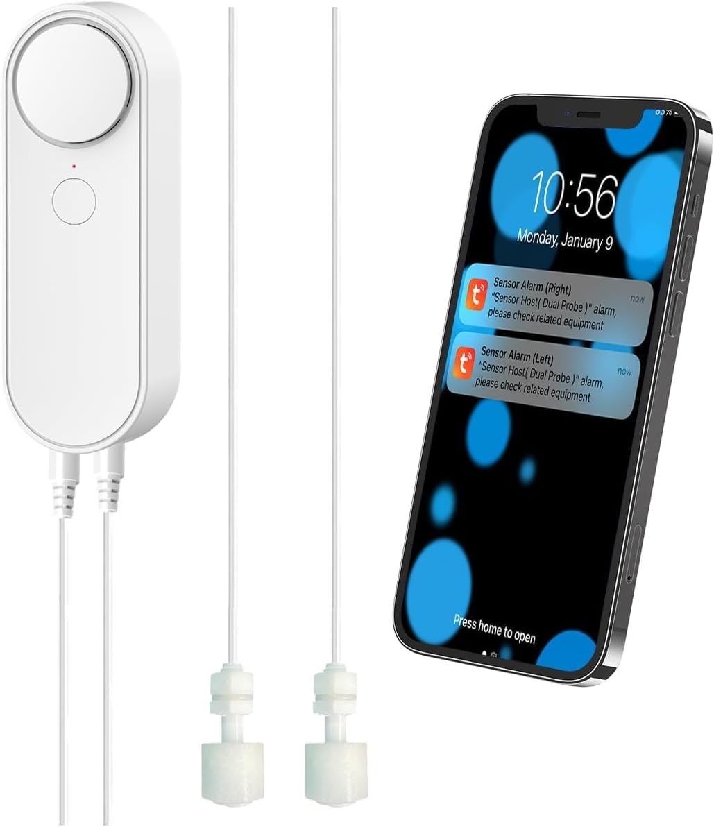 WiFi Water Level Detector with Dual Probe, Smart High/Low Water Level Sensor Alarms, Detached 16.4FT Detection Line, Left and Right Dual Alarms, Remote App Monitoring, Dual Alerts, AAA Battery Powered