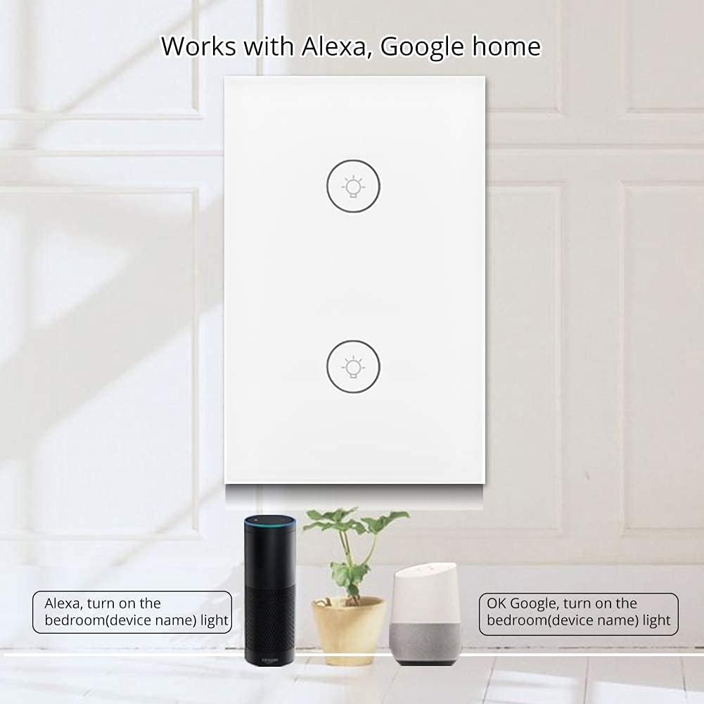 WiFi Smart Wall Touch Light Switch Glass Panel Wireless Remote Control by Mobile APP Anywhere Compatible with Alexa,Timing Function No Hub Required (Wall Switch 2 Gang)