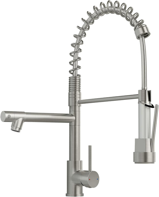 AIMADI Commercial Kitchen Faucet with Dual Spouts, Brushed Nickel Single Handle Stainless Steel Pull-Down Sink Faucet, Suitable for Farmhouse Camper Laundry Rv Bar