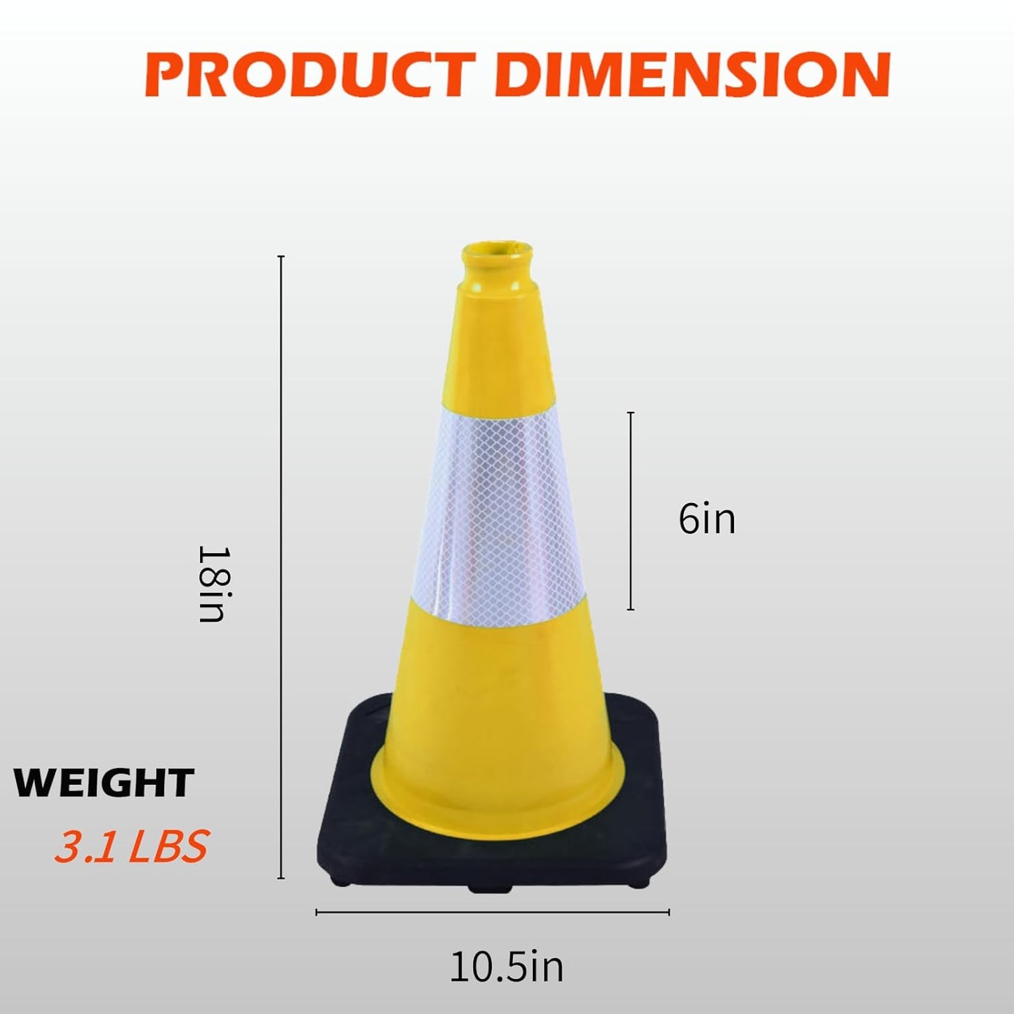 6 Pack 18 Inch Yellow Traffic Cones with Reflective Bands, Durable Black Base Cones for Factory Safety, Loading Zones and Parking Guidance (6, Yellow, 18 Inch)