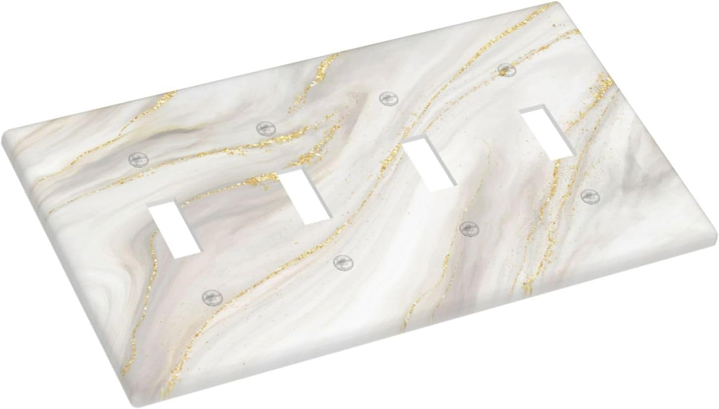 White Grey Gold Marble Simple Tiles Light Switch Covers Quad Toggle Electrical Faceplate 4 Gang Wall Plate Decorative Switch Plates for Bathroom Kitchen Decor