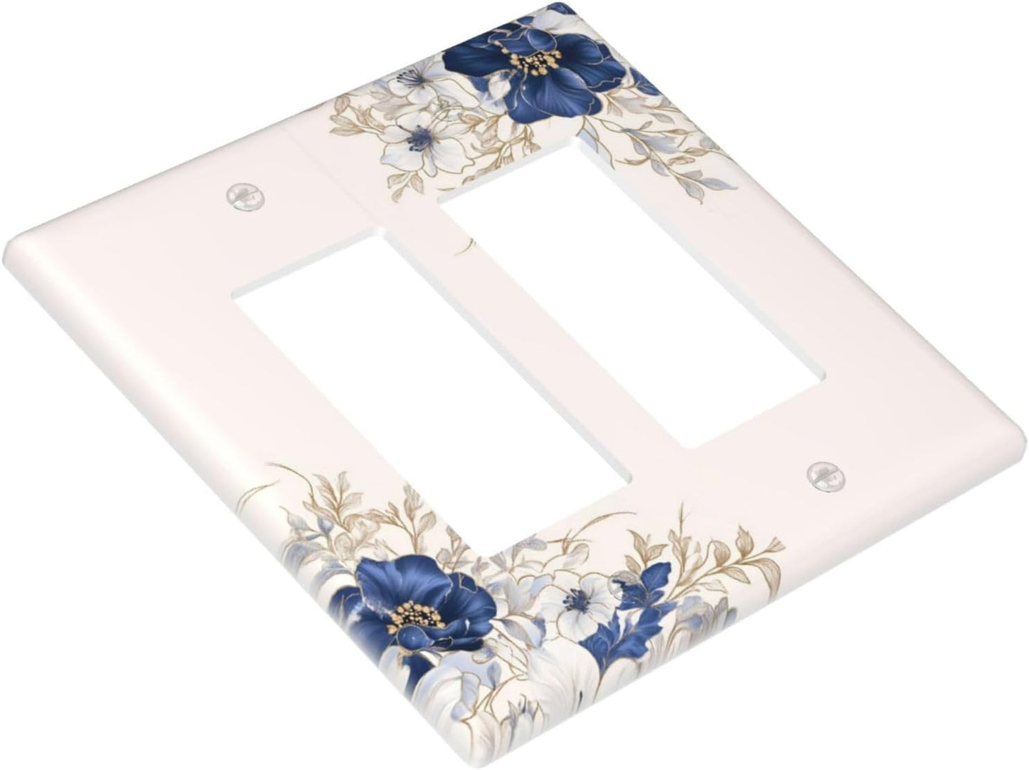 Decorative Outlet Covers Rustic Blue White Flowers Floral Penoy 2 Gang Wall Plate Double Rocker Two Switch Wall Cover Plate Jumbo Dual GFCI Face Plate for Bedroom Decor