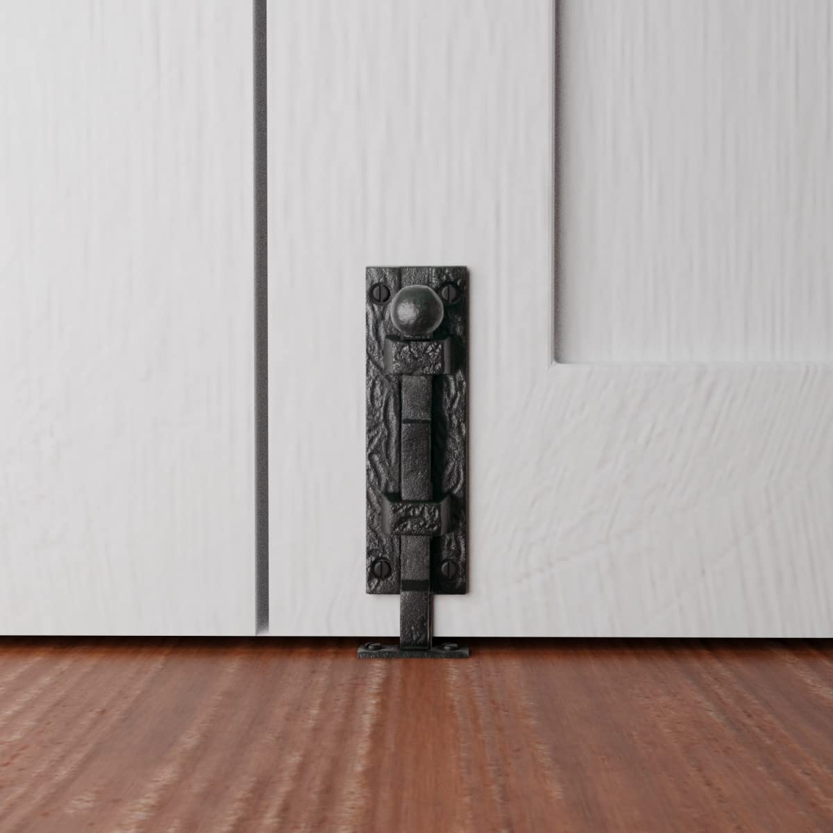 Renovators Supply Manufacturing Black Offset Slide Bolt Door Latch 4" Long Wrought Iron Metal Surface Sliding Bolts with Catch for Cabinet Doors Easy Install Lock with Mounting Hardware Pack of 4