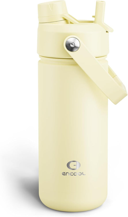 ENCOOL Insulated Water Bottle with Straw Stainless Steel Water Bottle, Leak-Proof, BPA-Free, Double Wall Vacuum Keeps Cold for 24 Hours for Sports, Travel, School (18 oz, Light Vanilla)