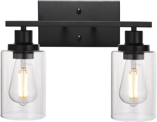 MELUCEE 2-Light Black Wall Sconce Industrial Vintage with Clear Glass Shade and Metal Base, Bathroom Vanity Lights Hallway Light Fixture Sconces Wall Lighting (Patent No.: US D963914 S)