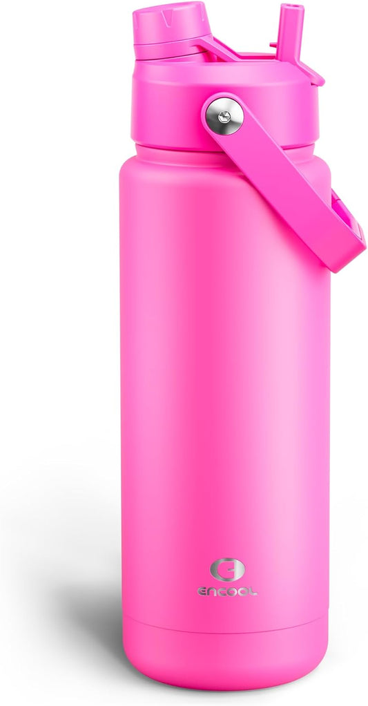 ENCOOL Insulated Water Bottle with Straw Stainless Steel Water Bottle, Leak-Proof, BPA-Free, Double Wall Vacuum Keeps Cold for 24 Hours for Sports, Travel, School (32 oz, Persian Rose)