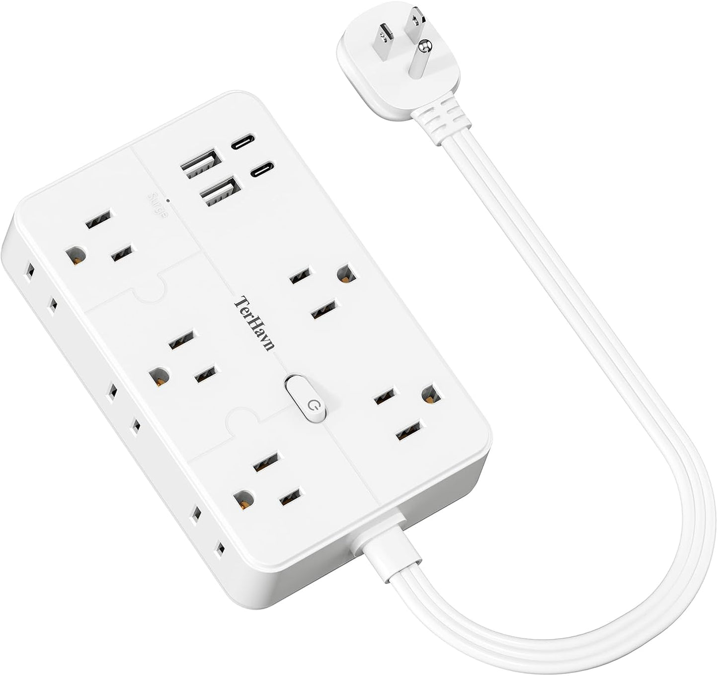 Surge Protector Power Strip 1 FT Flat Extension Cord ，10 AC Outlets & 4 USB Ports(5V/3.4A 17W), 1080J ，Wall Mountable Desktop Charging Station with Flat Plug for Office Supplies and Home, White