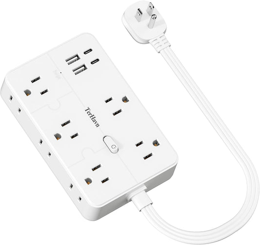 Surge Protector Power Strip 1 FT Flat Extension Cord ，10 AC Outlets & 4 USB Ports(5V/3.4A 17W), 1080J ，Wall Mountable Desktop Charging Station with Flat Plug for Office Supplies and Home, White