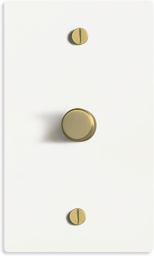 SELECT White Brass Dimmer Light Switch, 1 Way Rotary Dimmer, 1 Gang TRIAC/Leading Edge Dimmable LED Light Switch, 15A 120V AC with Brass Knob, Faceplate & Dimming Module, UL Listed