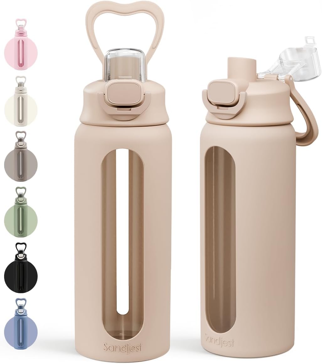 SANDJEST Glass Water Bottle with Silicone Sleeve 24oz with Lid, Motivational Time Marker, Drinking Hydration Glass Bottles for Men Women, Gym Travel Sports (Beige)