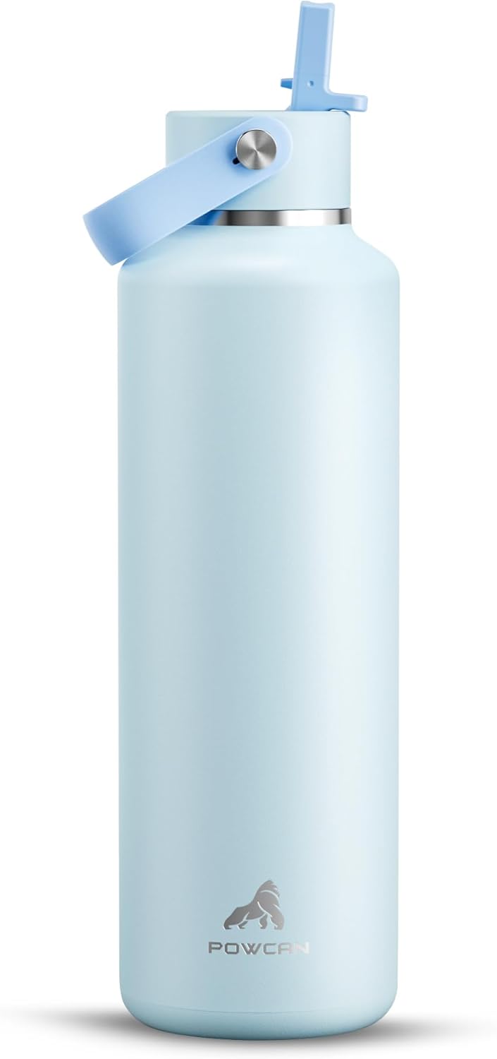 POWCAN 24 oz Insulated Travel Water Bottle for: Leakproof, BPA-Free, Top Handle, Stainless Steel Water Bottle with Straw for School, Outdoors, Camping, Sport, Hiking, Biking, Playground (Sea Breeze)