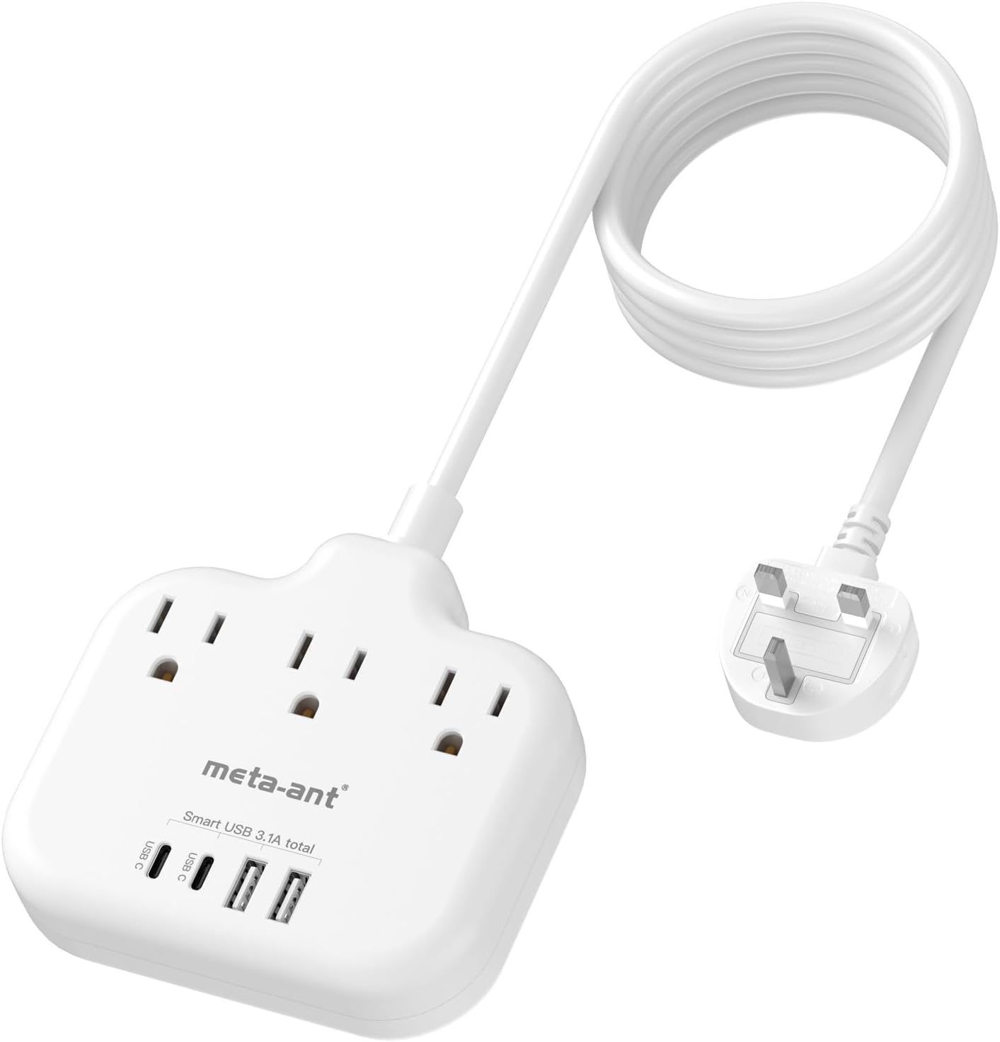 Type G Adapter for Travel,meta-ant US to UK Travel Adapter with 3ft Extension Cord,3 Outlets 4 USB(2 USB-C), Type G UK Ireland Travel Plug Adapter to British Scotland England London Hong Kong Dubai