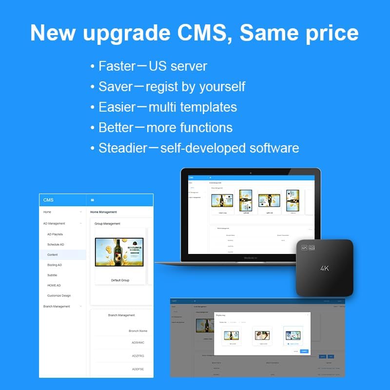 Smart Digital Signage Player with Non-Subscription CMS Software 7x24 Stable Auto Play Make TV Set Become LCD Display Andriod 4K Advertising Media Player(YM05)