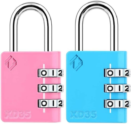 XD35 Combination Lock, 3-Digit Padlock for School Gym Sports LockerLock, Fence, Toolbox, Case, Hasp Storage (2-Pack, Pink, Blue)