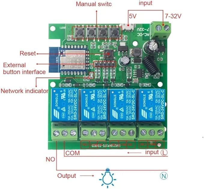 Tuya 4CH Smart Life WiFi Momentary Inching Relay Self-Locking Switch Module,DC/AC 7-32V/USB 5V WiFi RF Bluetooth Relay, Compatible with Alexa Goolge Home