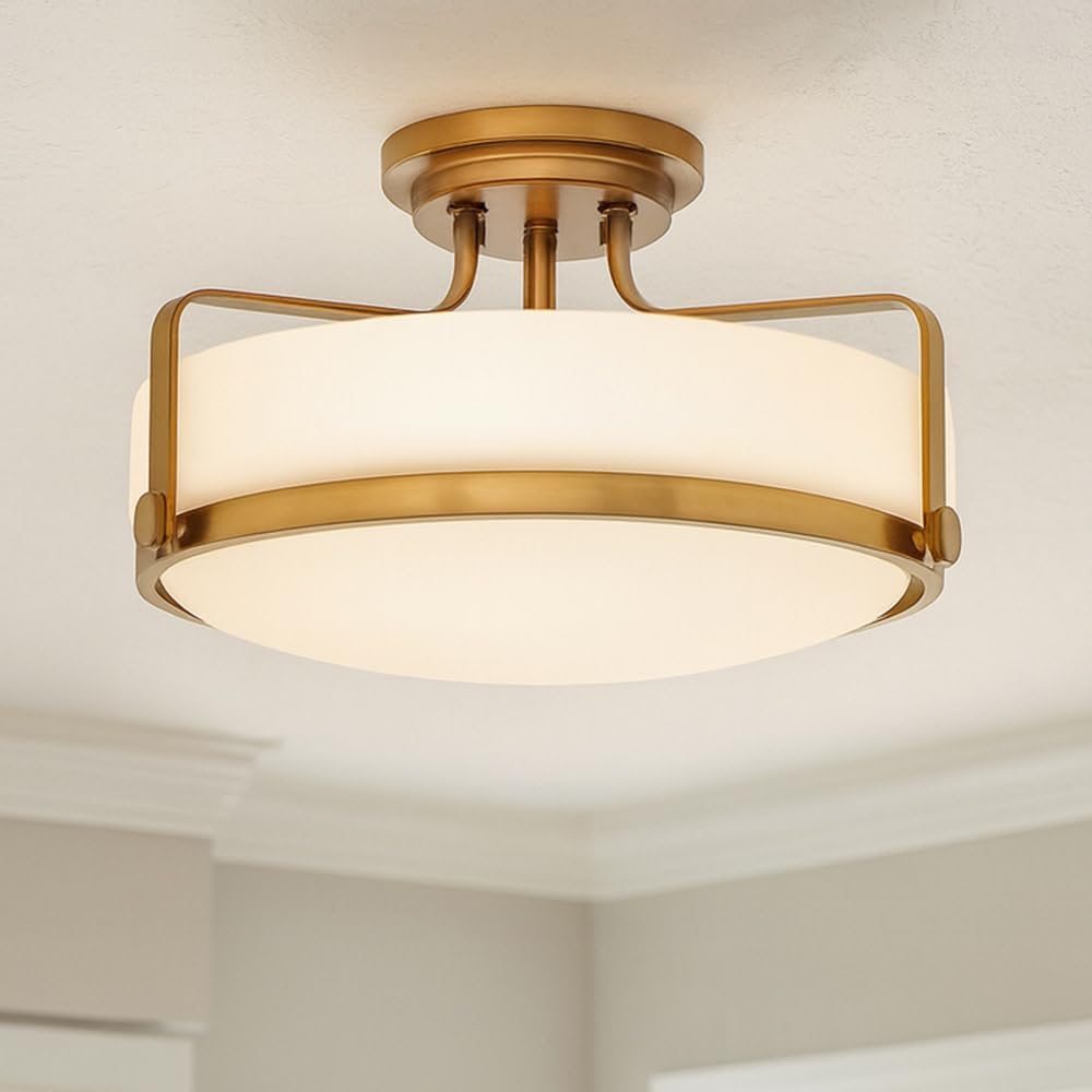Hinkley Harper Medium Semi-Flush Mount Ceiling Light - Sleek, Retro Style, Etched Opal Glass - Heritage Brass Finish