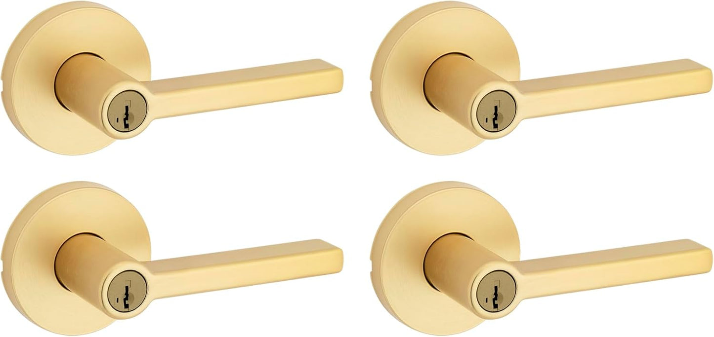 Kwikset Halifax Entry Door Handle with Lock and Key, Secure Keyed Reversible Lever Exterior, for Front Entrance and Bedrooms, Satin Brass, 4 Pack, Pick Resistant SmartKey Rekey Security