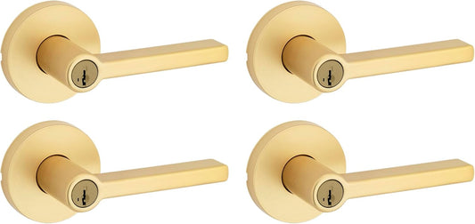 Kwikset Halifax Entry Door Handle with Lock and Key, Secure Keyed Reversible Lever Exterior, for Front Entrance and Bedrooms, Satin Brass, 4 Pack, Pick Resistant SmartKey Rekey Security