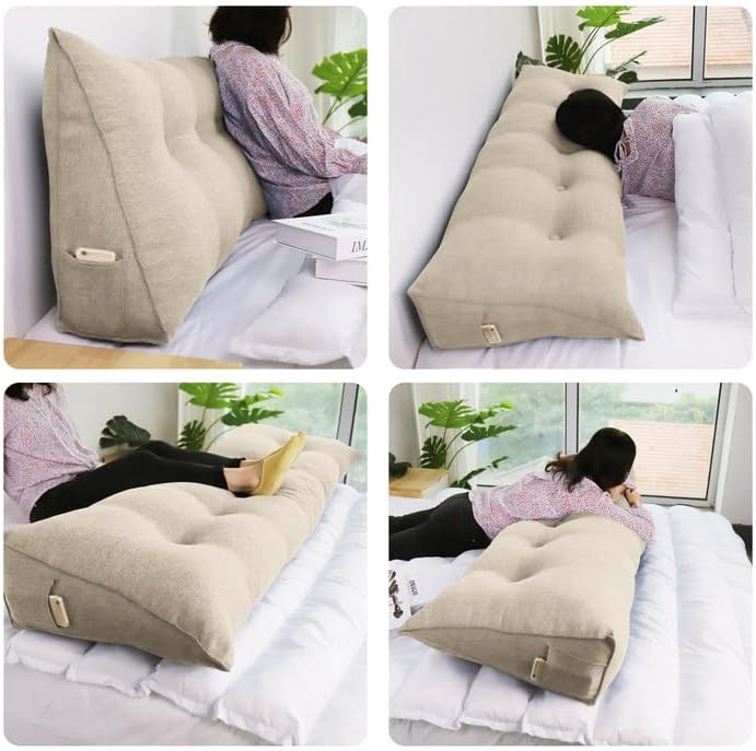 WOWMAX Triangular Headboard Pillow Bed Wedge Pillow for Headboard Full Size Wedge Pillow Headboard for Daybed Bunk Bed Large Bolster Pillow for Bed with Removable Cover, 85% Linen 15% Cotton Blend