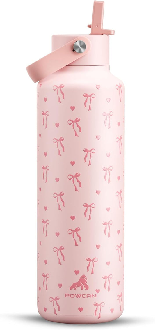 POWCAN 24 oz Insulated Water Bottle: Leakproof, Cup Holder Friendly, Cold for 24H, BPA-free, Top Handle, Double Walled Metal Water Bottle for Student, Girl, School, Camping, Daily (Sweetheart Bow)