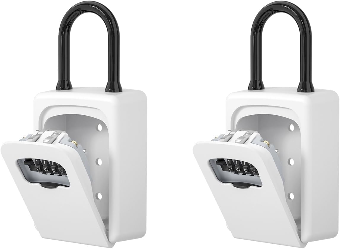 Portable Key Lock Box, Upgrade Clearly Visible Numbers, Lock Box Wall Mounted for House Key, 5 Key Capacity, Weatherproof Resettable Code (White, 2)