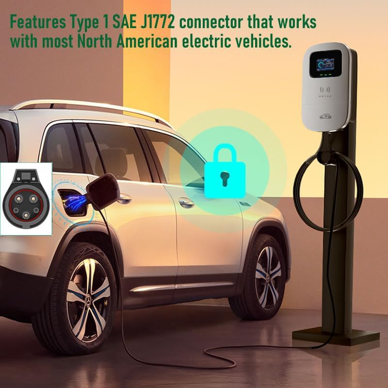 Smart EV Level 2 Charger, Electric Vehicle Charging Station, 110V-240V 32A Home Charger with LCD Display, Type 1 SAE J1772 Wall Connector, Hardwired Charger for Electric Car