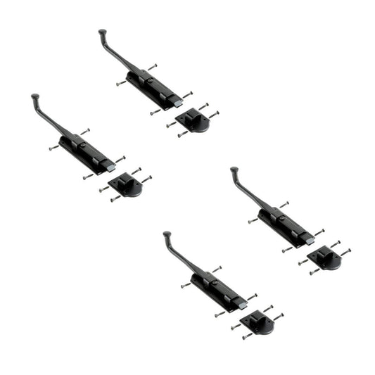 Renovators Supply Manufacturing Black Slide Bolt Door Latch 9 in. Long Black Iron Metal Sliding Bolts with Catch for Cabinet, Barn Doors Or Fence Rust Resistant Security Locks with Hardware Pack of 4