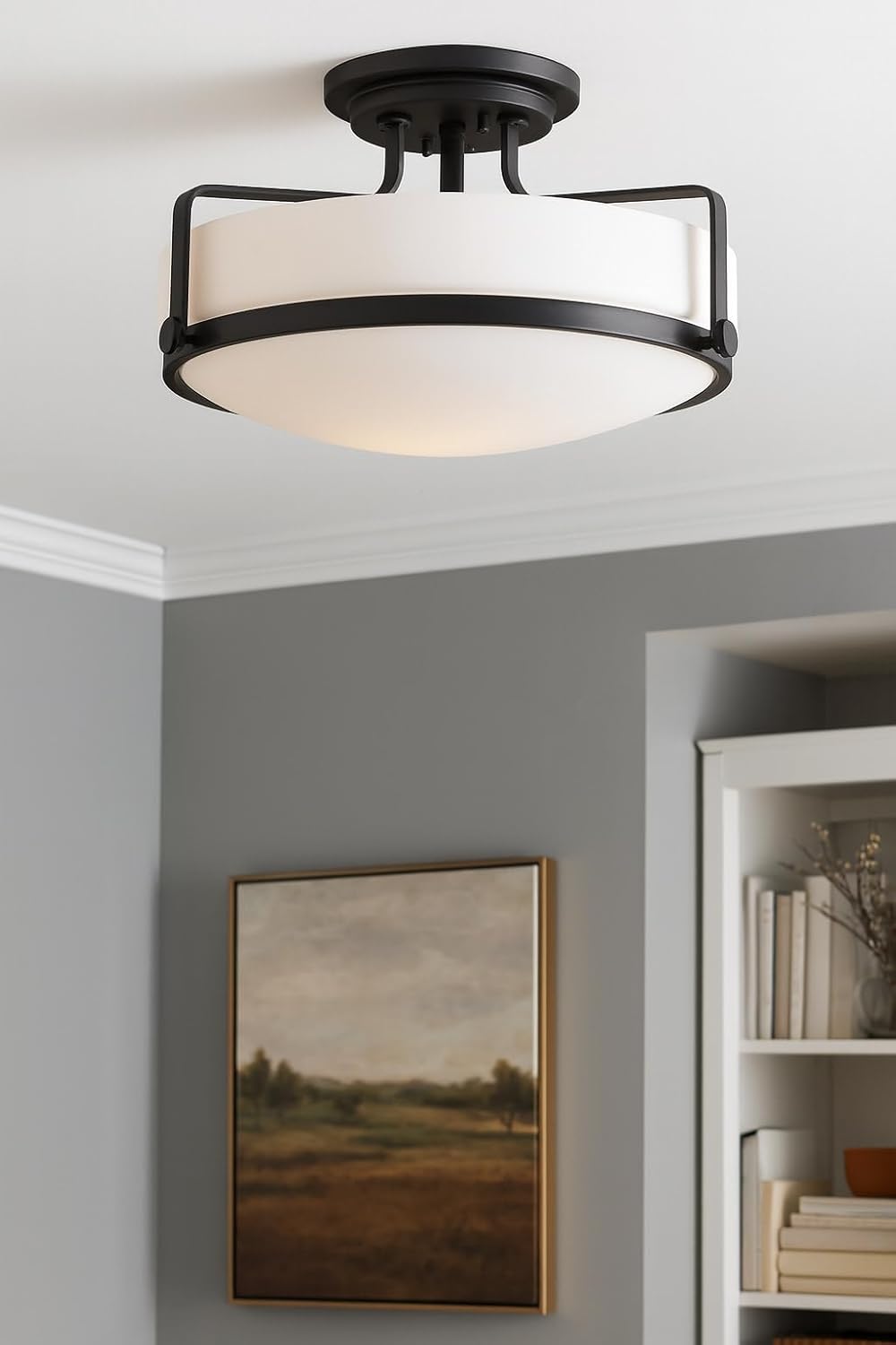 Hinkley Harper 3643BK Large Semi-Flush Ceiling Light - Sleek, Retro Style - Black + Etched Opal Glass