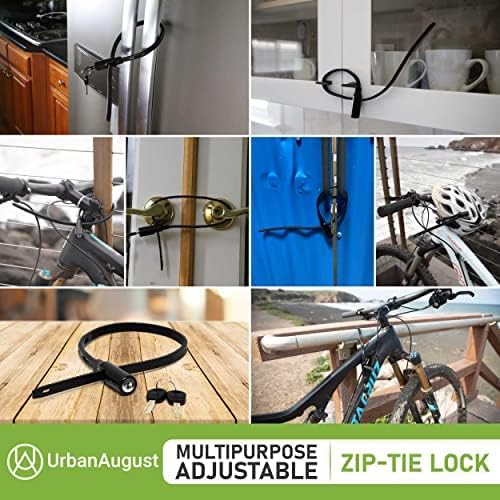 Urban August Multi-Purpose Keyed Adjustable Zip Tie Lock - 3 Pack Keyed Alike - Black Stainless Steel Refrigerator Cabinet Bike Stroller Helmet Lock