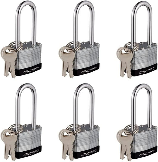 Laminated Steel Padlock with Key，6 Pack Keyed Alike Padlocks with Long Shackle