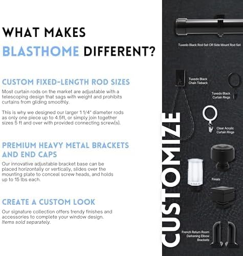 BlastHome® Non-Adjustable Luxury Extra Long Curtain Rod, 1 ¼” Rod Set, 16 foot Fixed Length (Four Rods Connect for a Seamless Look), Tuxedo Black