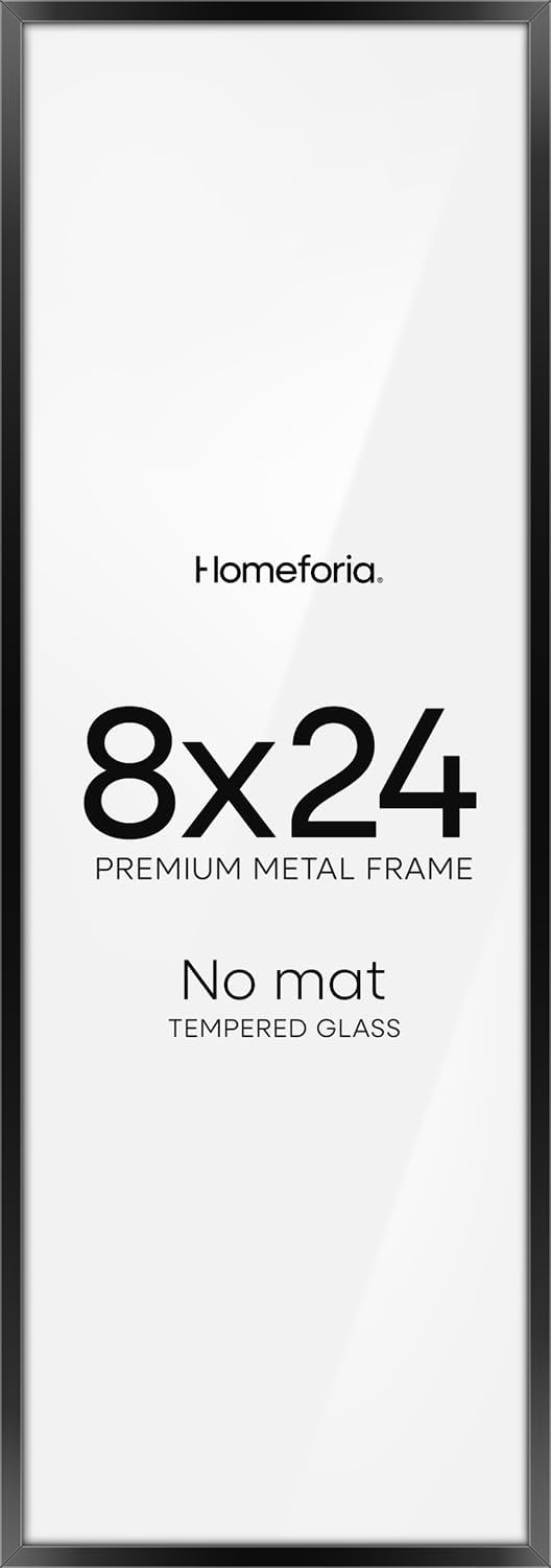Homeforia 8x24 Black Panoramic Frame, High End Metal 8 x 24 Picture Frames without Mat, 24x8 Hanging Black Poster Frames for Wall, 8by24 inches Display Photo Frames, Tempered Glass, Wall Kit, Set of 1