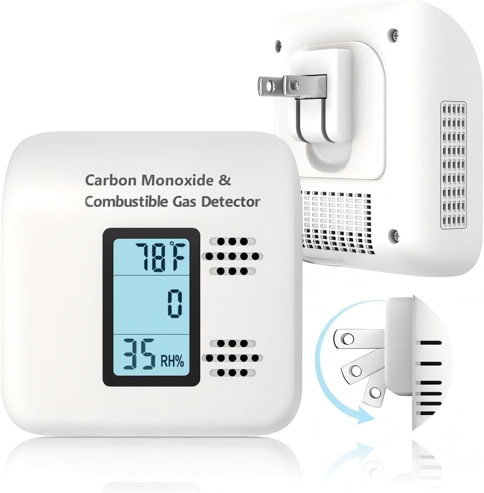 Travel Carbon Monoxide Detectors Plug in Design-4in1, Gas Leak Detector and Natural Gas Detector with Built-in CO Detector, Ideal for Home, Kitchen, RV and Hotel Safety with Real-Time Monitoring