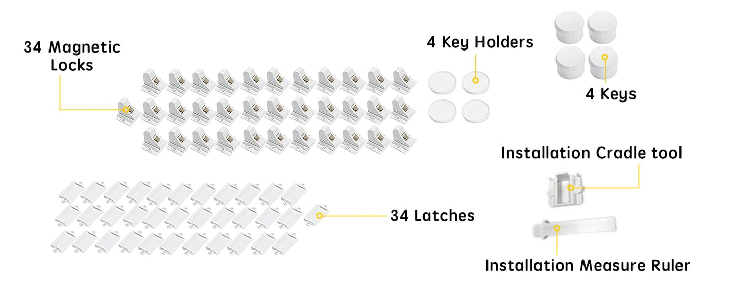 Vmaisi Magnet Cabinet Locks for Babies (34 Locks + 4 Keys + Tool)