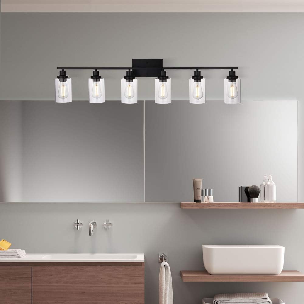 MELUCEE Black Vanity Light Fixture 6-Light Industrial Metal Wall Sconce Bathroom Lighting for Bedroom Hallway Kitchen, Clear Glass Shade Included (Patent No.: US D963914 S)
