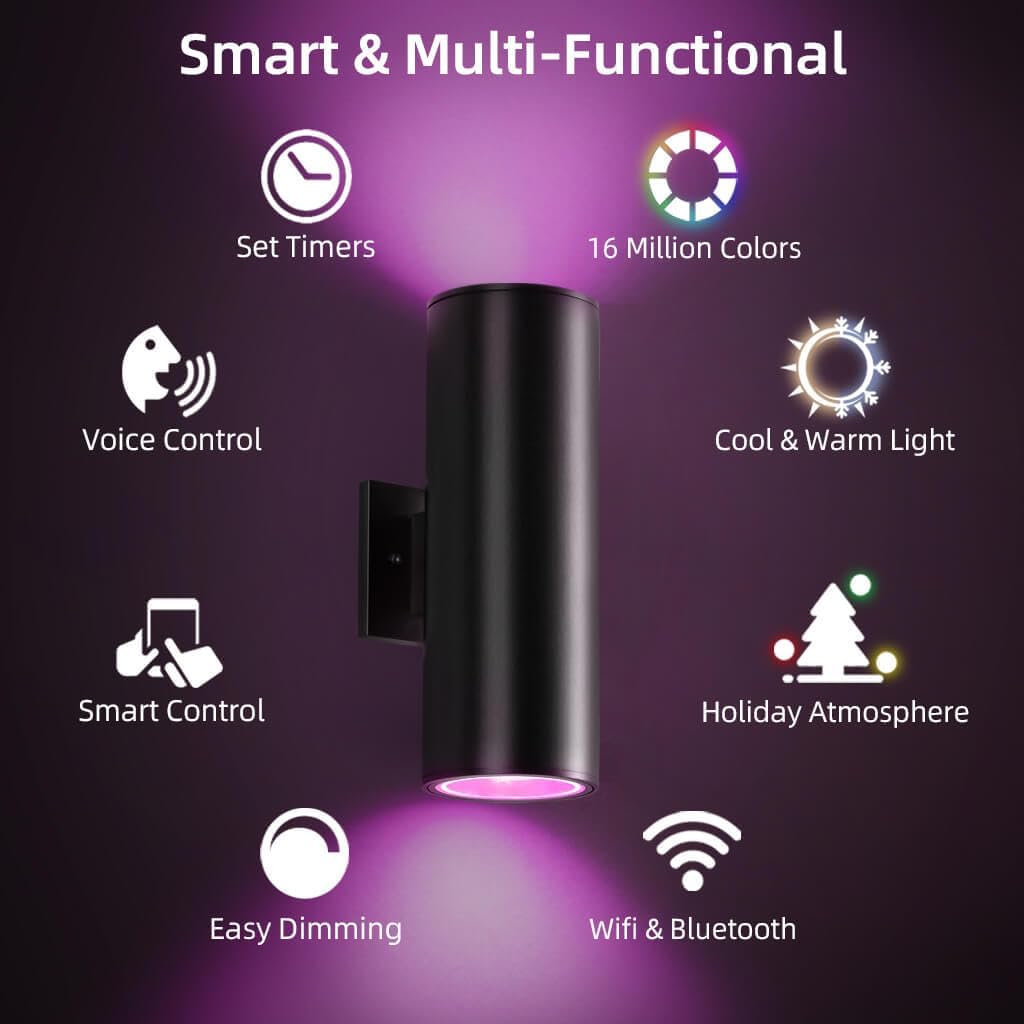SHIMR Modern Outdoor Wall Lights Color Changing, RGBCW Smart Outdoor Lights Ambiance Sconce with Remote Control, Black Aluminum Exterior Lighting Fixtures Up and Down Lights [ETL Listed]