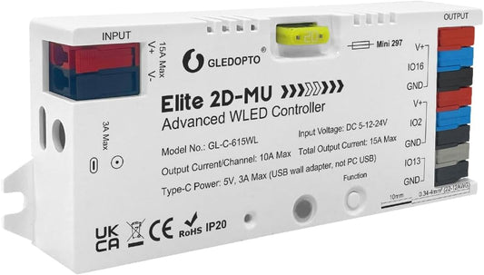 Elite Series ESP32 WLED LED Strip Controller Dynamic Mic Sound Reactive 20A Fuse Level Shifter UART Energy Save Relay for WS2811 WS2812 SK6812 WS2813 WS2815 Addressable RGB IC Strip