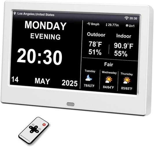 2025 Digital Clock with Weather Forecast & Temperature/Humidity Large Display,Auto Time Sync, Custom Alarms & Medication Reminders, Elderly Memory Loss (White, 7 Inch)