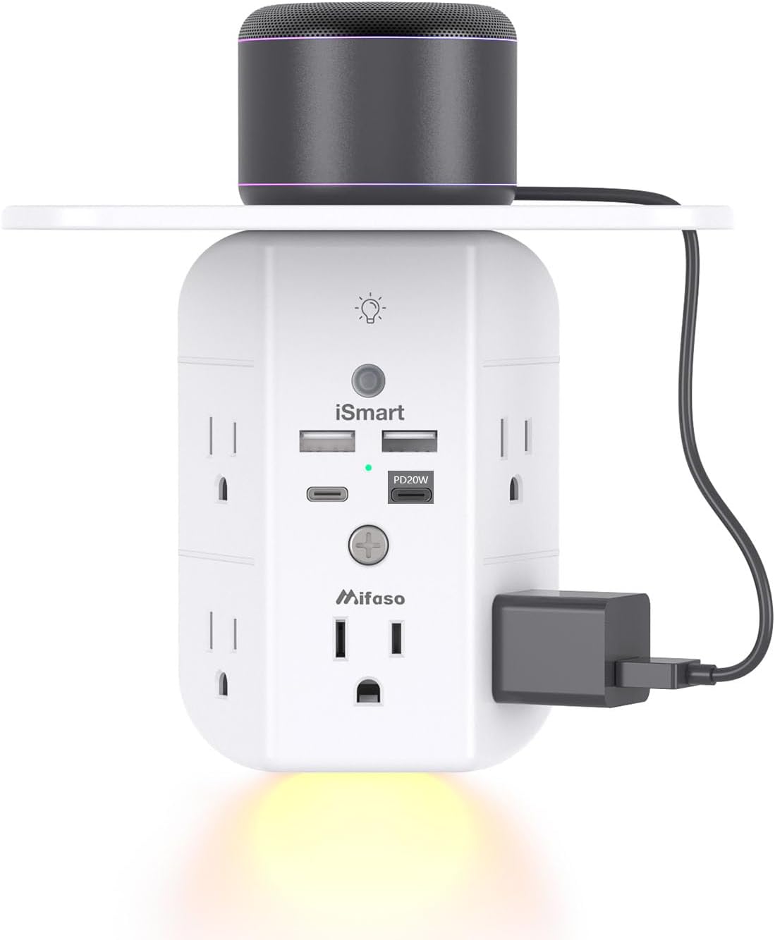 PD20W Wall Outlet Extender, Outlet Splitter with Shelf and Night Light, USB Wall Charger with 5 AC Outlets and 2 USB A Ports 2 USB C Ports Wide Space 3-Sided Power Strip Multi Plug Outlets