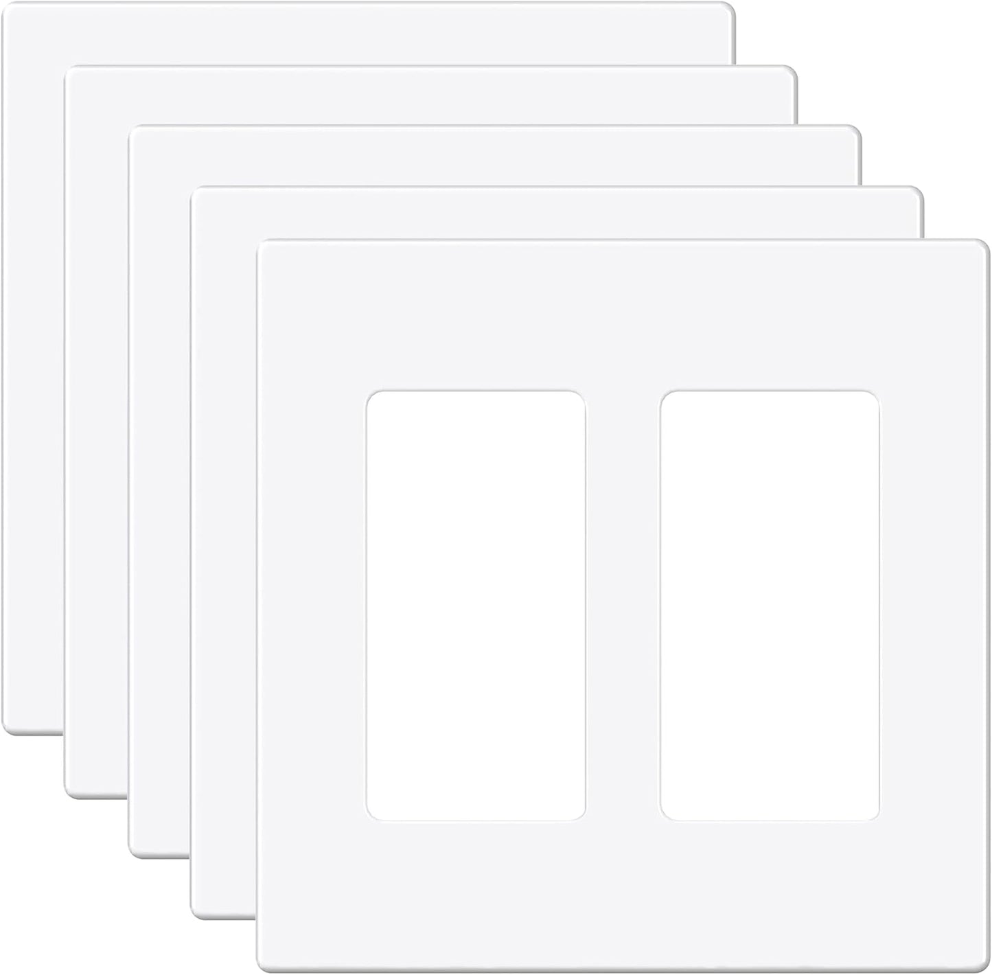EMITEVER 2-Gang Screwless Decorator Wall Plate Cover for Receptacle Outlet & Light Switch, Standard Size 4.53"H x 4.53"W, Unbreakable Thermoplastic Faceplate, UL Listed, Matte White 5-Pack