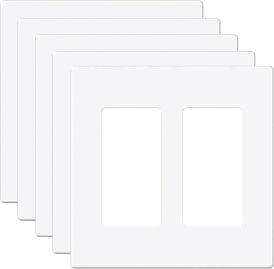 EMITEVER 2-Gang Screwless Decorator Wall Plate Cover for Receptacle Outlet & Light Switch, Standard Size 4.53"H x 4.53"W, Unbreakable Thermoplastic Faceplate, UL Listed, Matte White 5-Pack