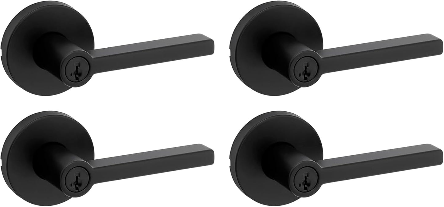 Kwikset Halifax Entry Door Handle with Lock and Key, Secure Keyed Reversible Lever Exterior, for Front Entrance and Bedrooms, Matte Black, 4 Pack, Pick Resistant SmartKey Rekey Security and Microban